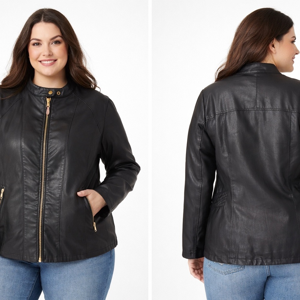 Baccini Black Faux Leather Zip-Front Jacket with Gold Hardware